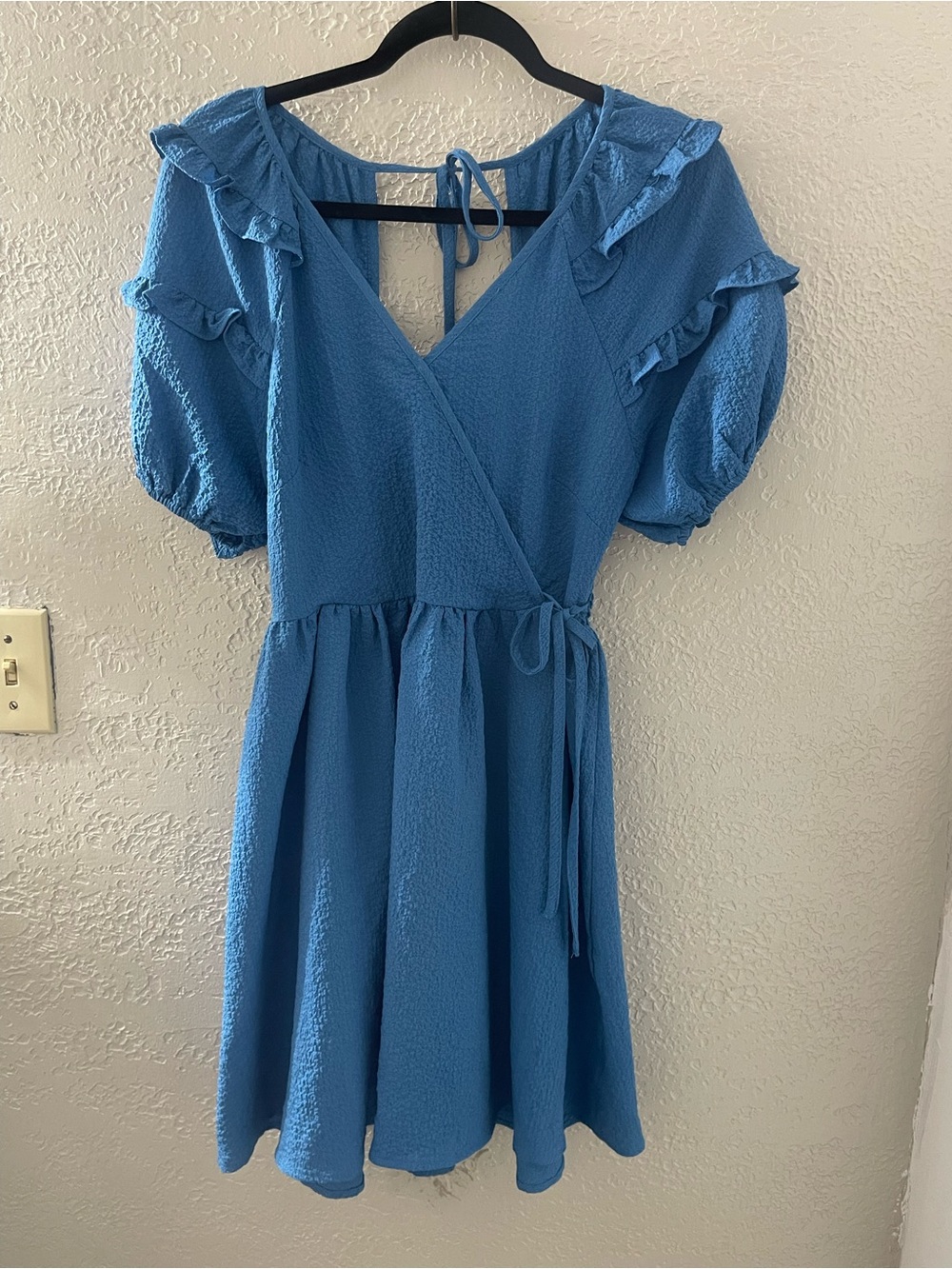 GIGI C Festive Sky Blue Ruffle Wrap Coquette Mini Dress Small